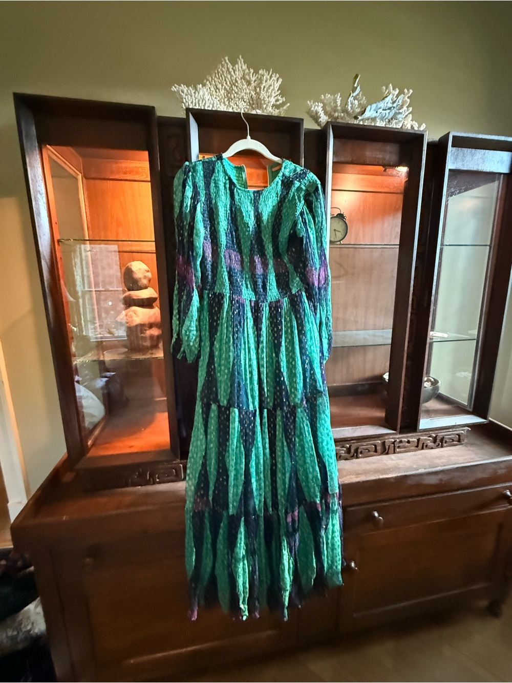 Green Patterned Tiered Maxi Dress with Long Sleeves